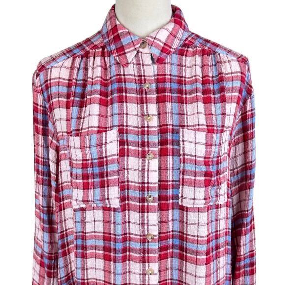 Anthropologie Pilcro Red Blue Pink Plaid Soft Knit Long Sleeve Button Up Shirt - Picture 4 of 11